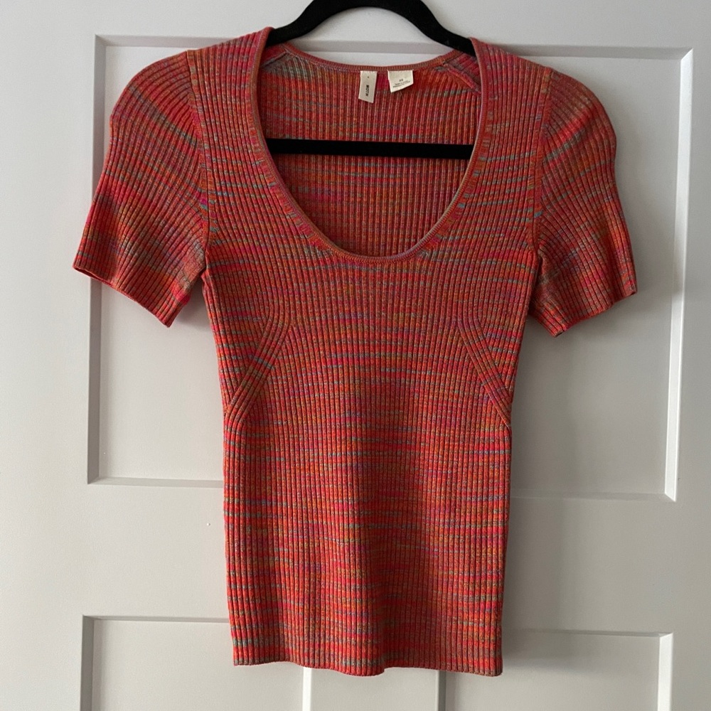 Anthropologie Moth ribbed rainbow short sleeve sweater